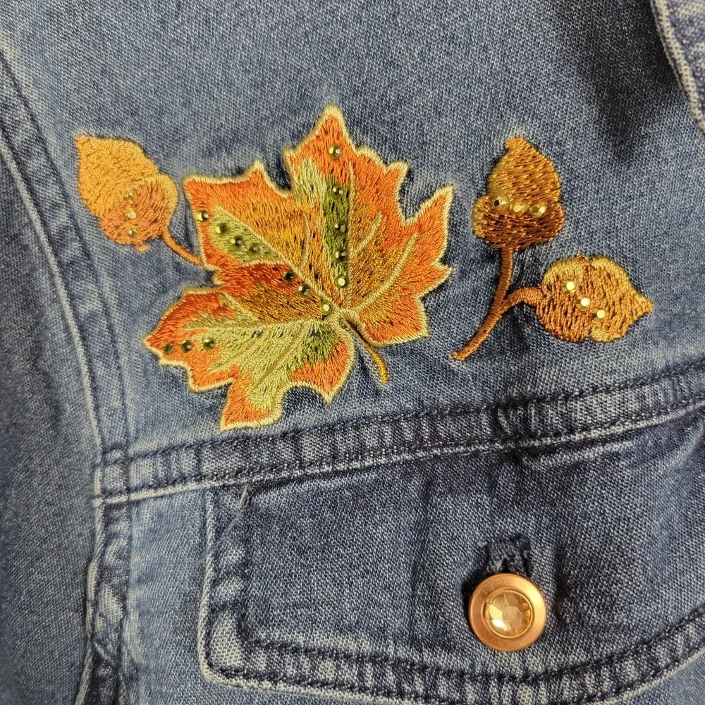 Quacker Factory Lightweight Denim Jacket Women's L Leaf Embroidery Sparkle - Picture 5 of 14